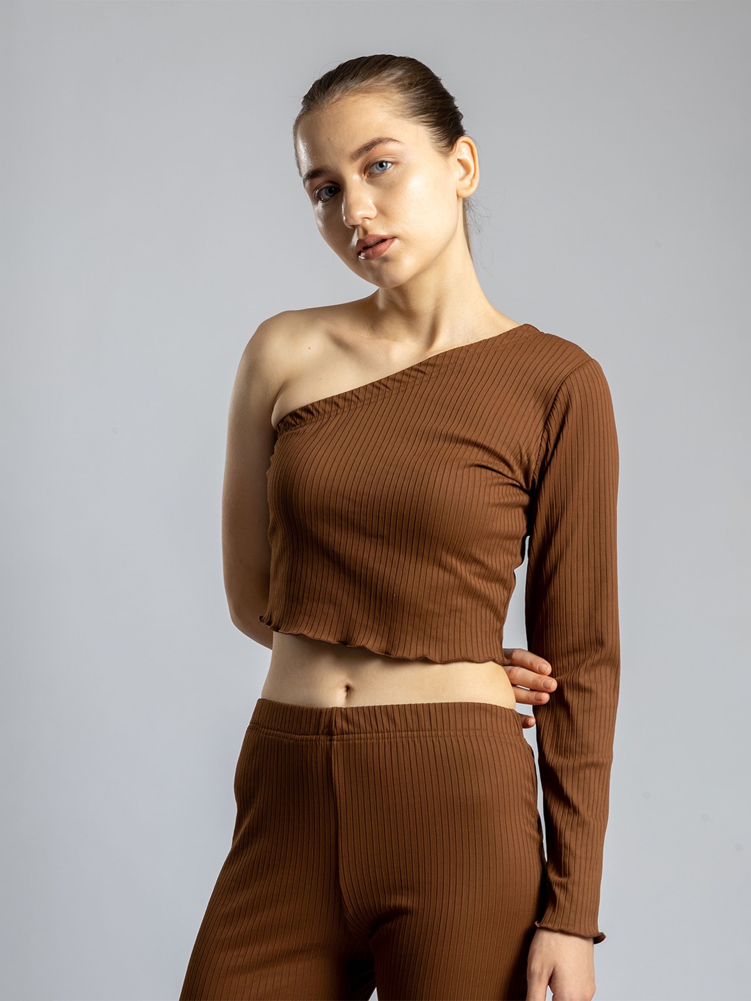 

Redamancii Women Vertical Striped One Shoulder Top, Coffee brown