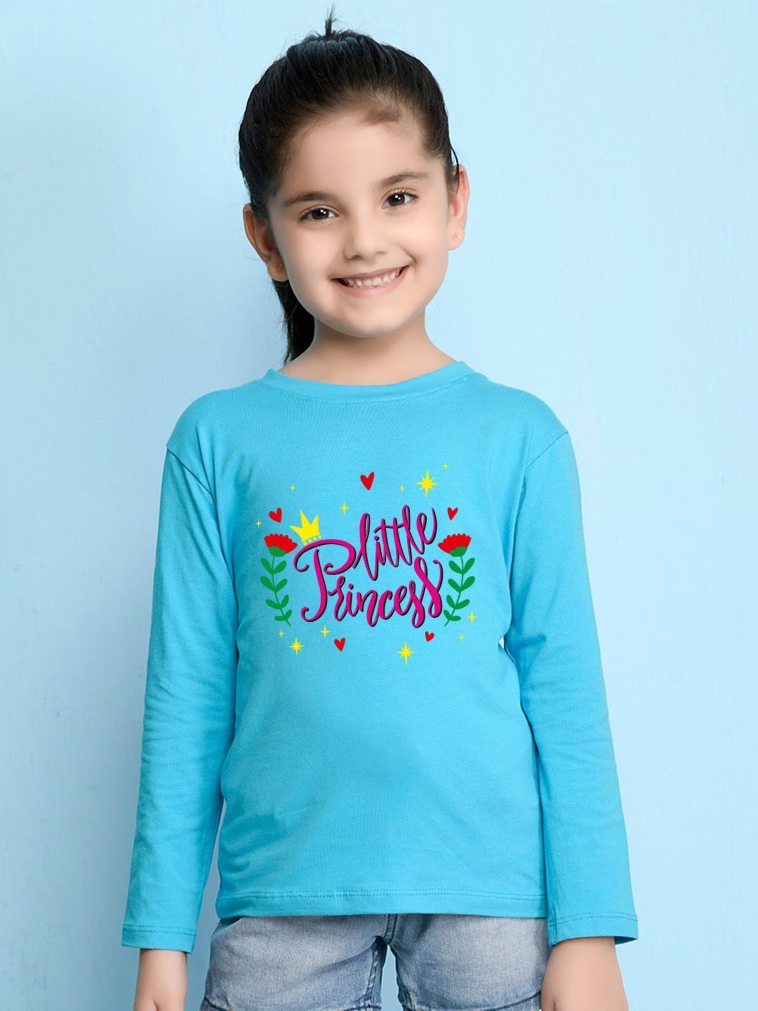 

NUSYL Girls Typography Printed Round Neck Cotton T-shirt, Blue