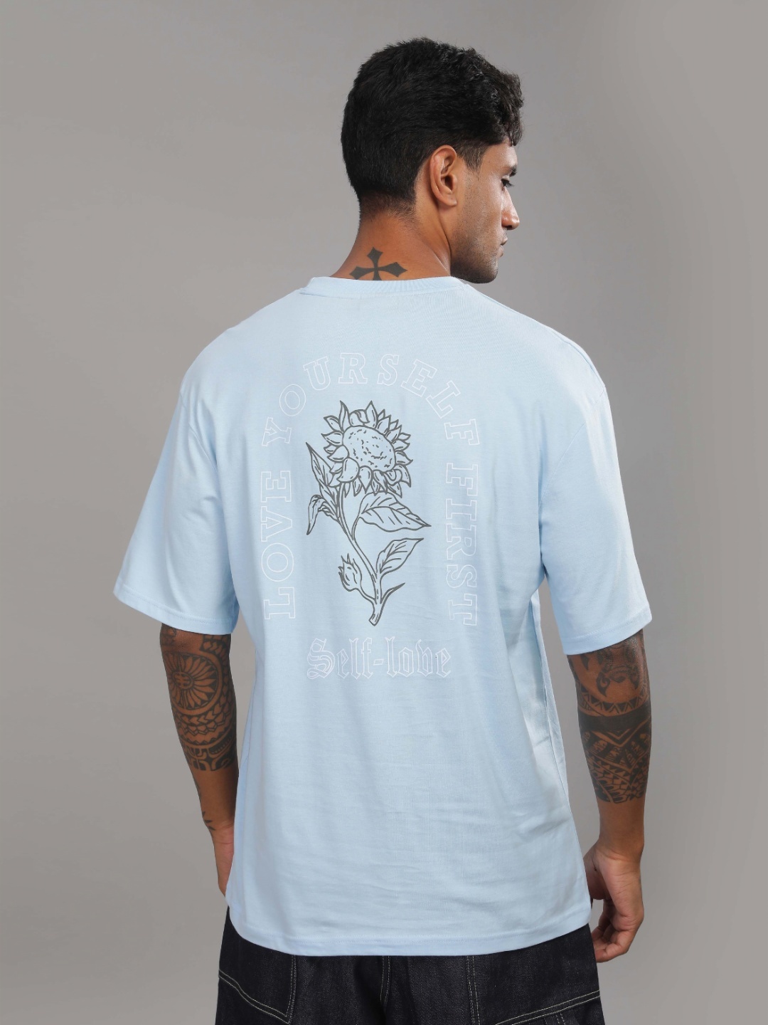 

TOMHIDDLE Men Floral Printed Round Neck Cotton Oversized T-shirt, Blue
