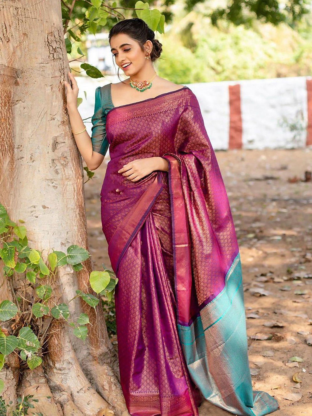 

Aldwych Woven Design Zari Silk Blend Banarasi Saree and blouse piece, Purple