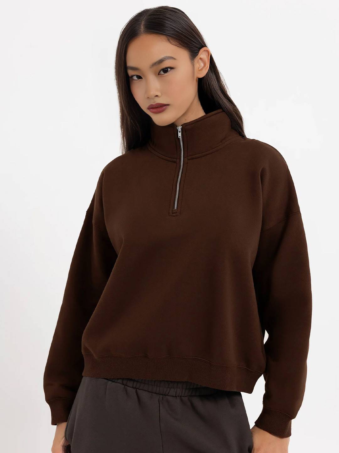 

MISCHIEF MONKEY Women High Neck Half Zipper Pullover Casual Sweatshirt, Brown