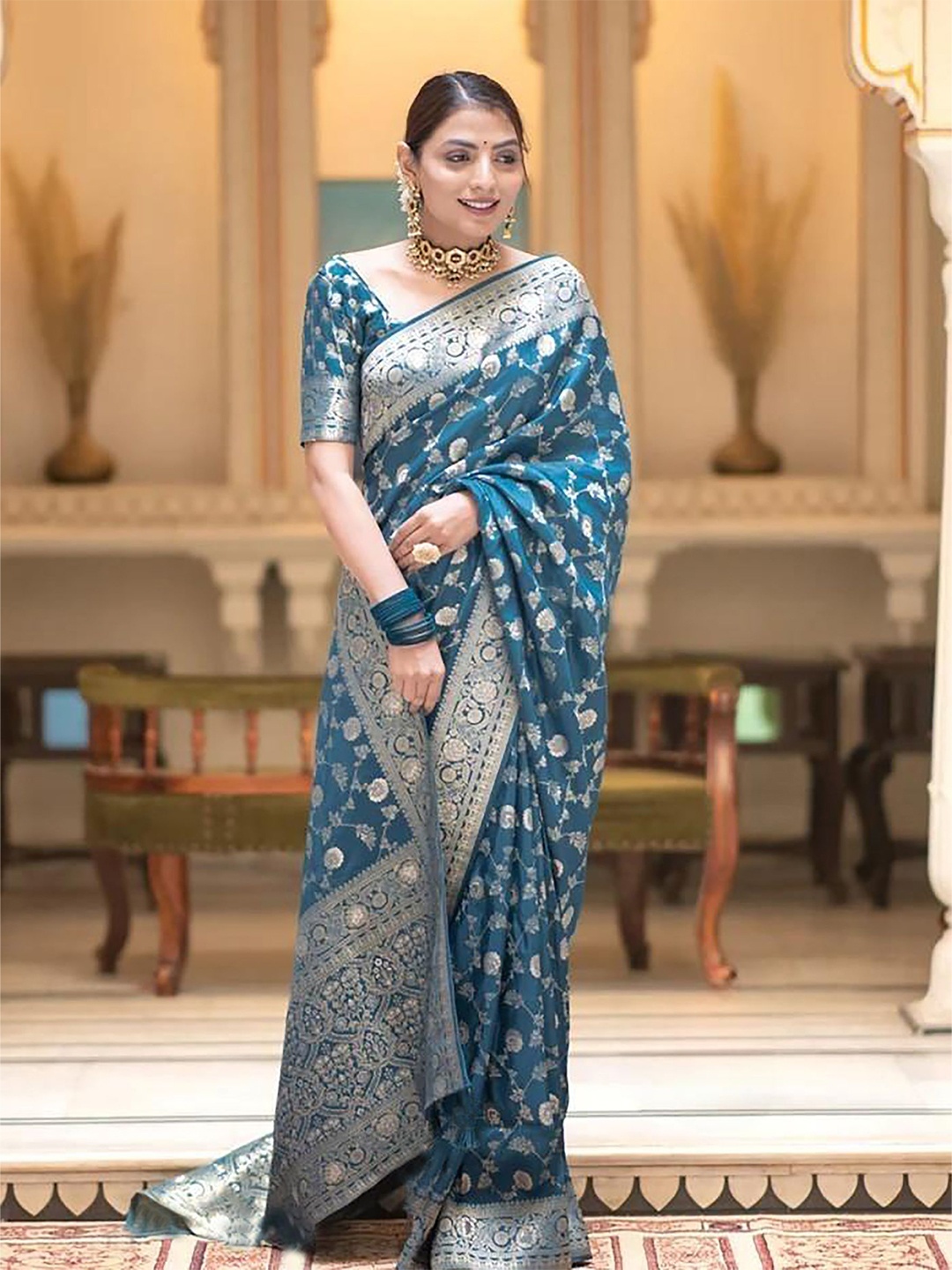 

Aldwych Woven Design Zari Banarasi Saree, Teal