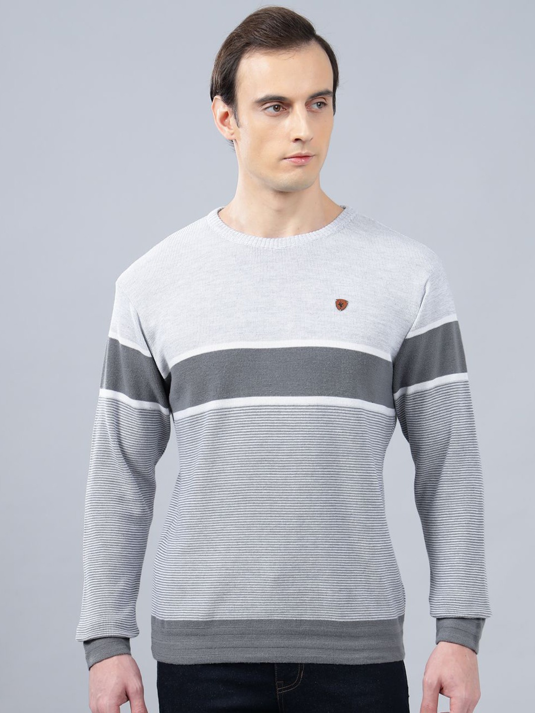 

Cantabil Men Striped Pullover Sweater, Grey
