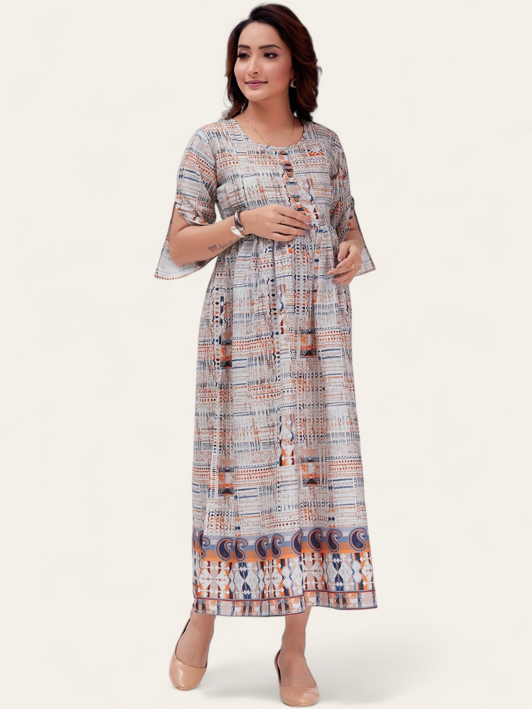 

RITIJYA Ethnic Motifs Printed Maternity Fit & Flare Maxi Dress, Cream