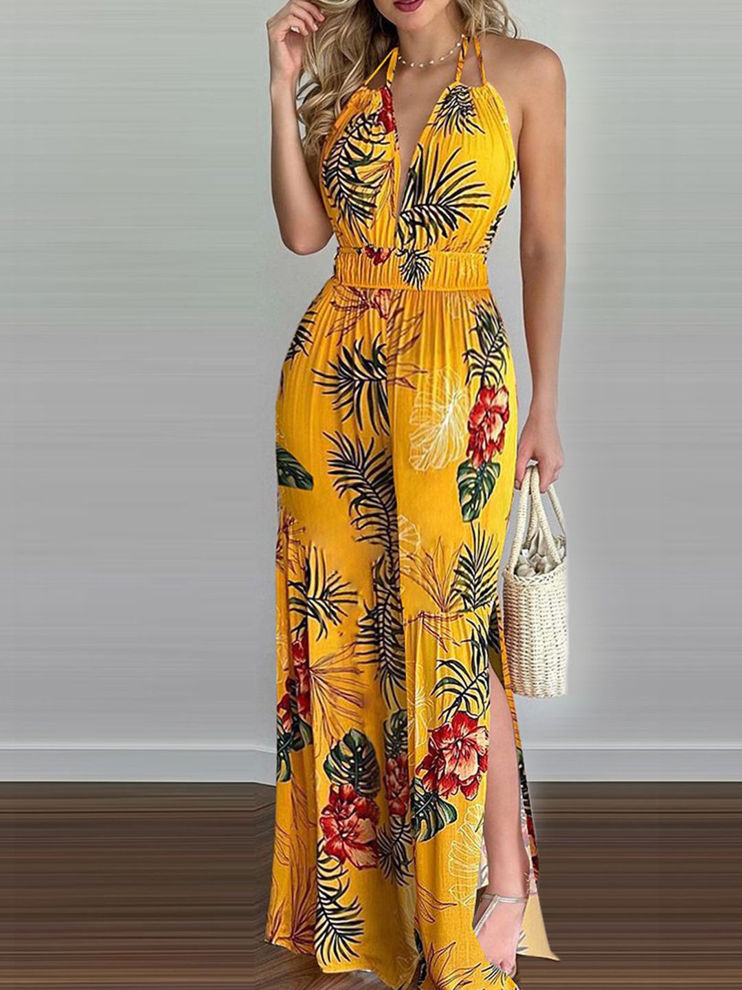 

StyleCast Halter Neck Floral Printed Basic Jumpsuit, Yellow