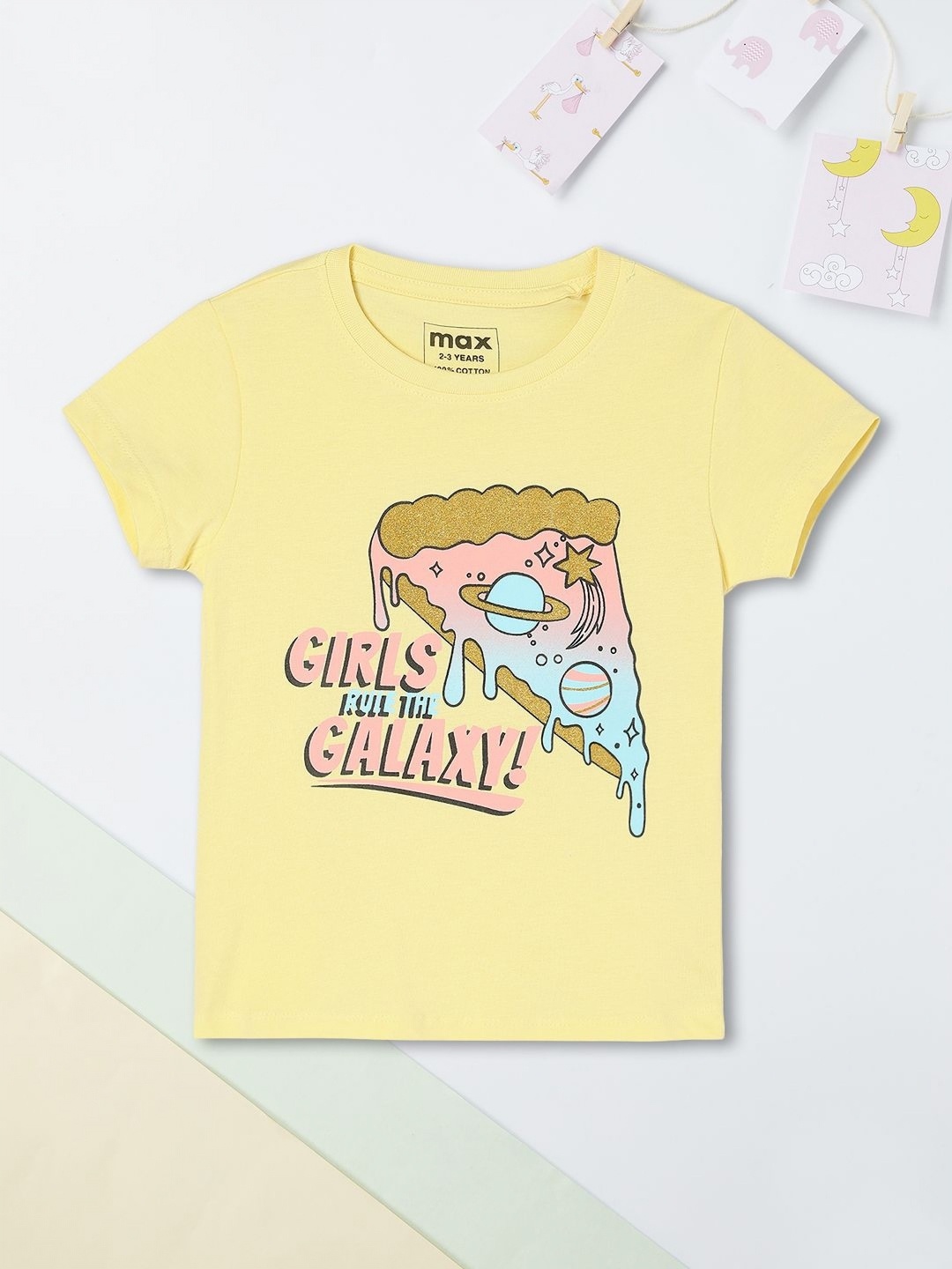 

max Girls Graphic Printed Round Neck Cotton T-shirt, Yellow