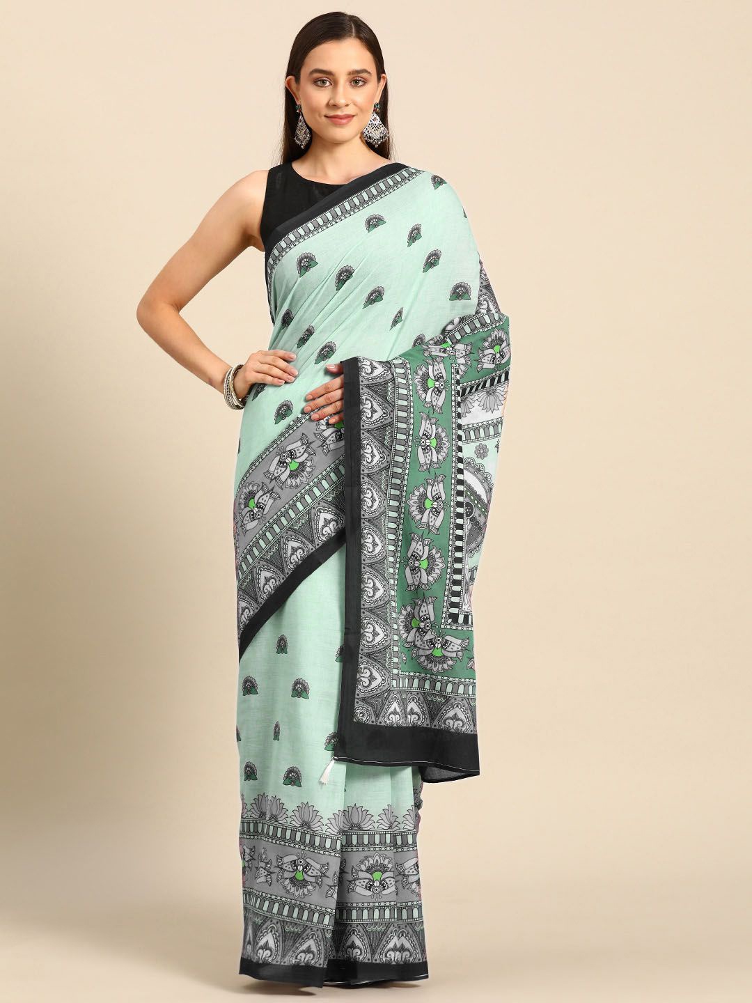

BUTA BUTI Ethnic Motifs Printed Pure Cotton Saree, Green