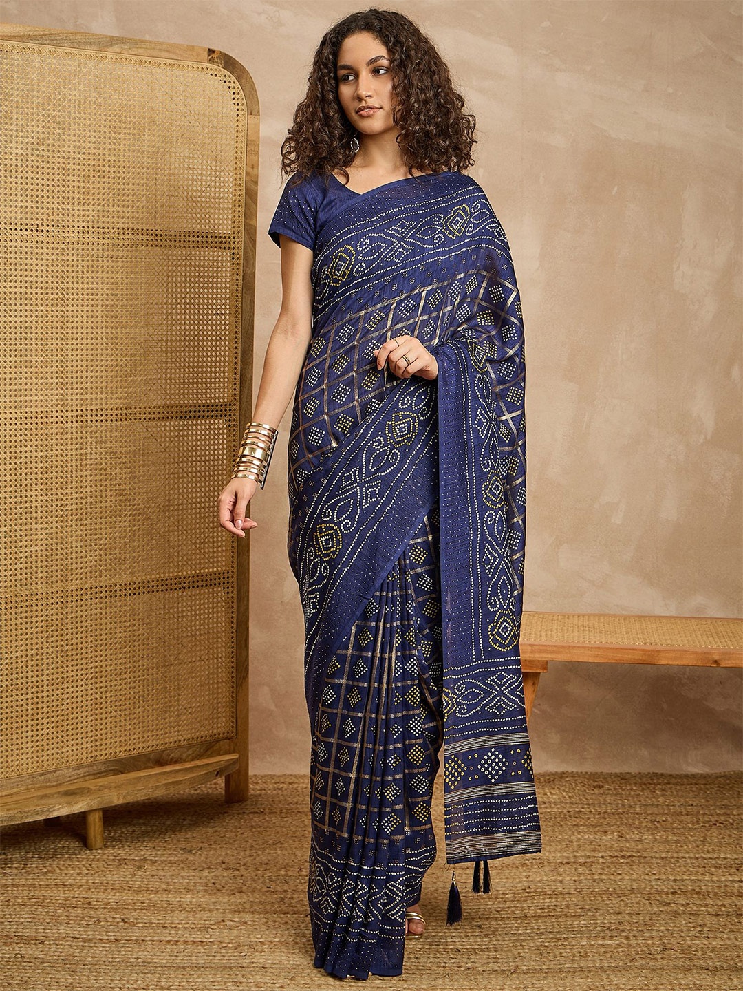

all about you Bandhani Printed Beads and Stones Pure Silk Saree, Blue