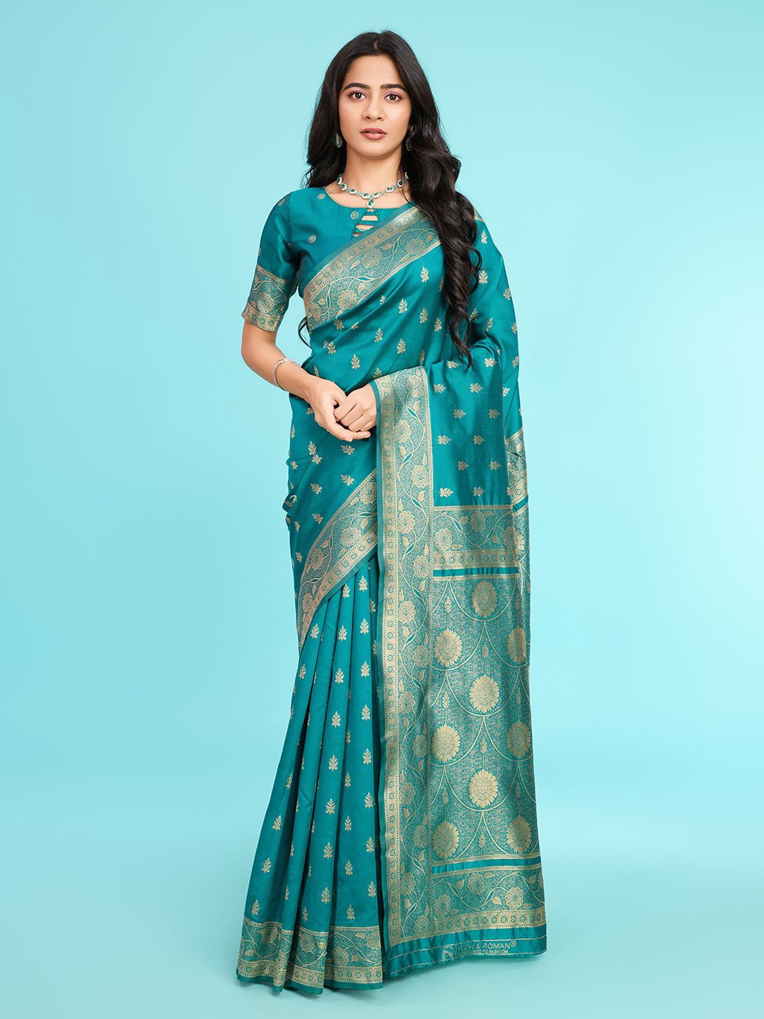 

RICH & ROMAN Woven Design Zari Banarasi Saree, Teal