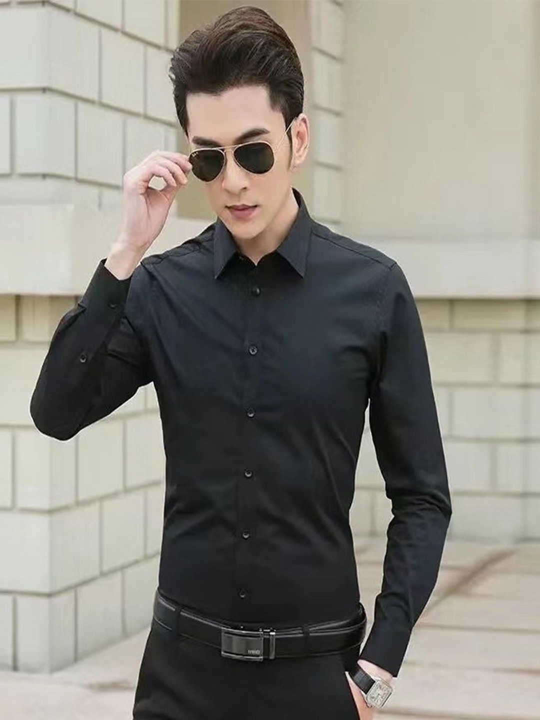 

StyleCast Men Spread Collar Solid Linen Casual Shirt, Black