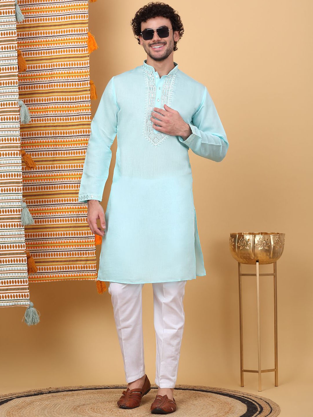 

KRAFT INDIA LUXE Ethnic Motifs Embroidered Sequinned Cotton Silk Kurta With Trousers, Turquoise blue