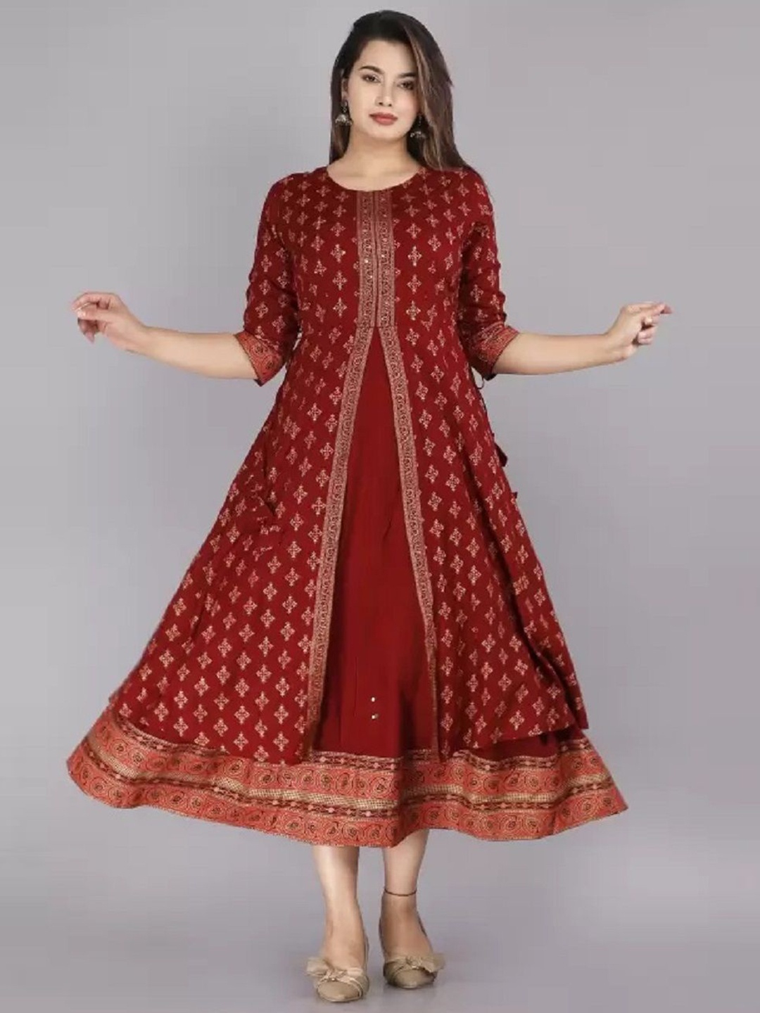 

MF Hayat Printed A-Line Midi Ethnic Dresses, Red