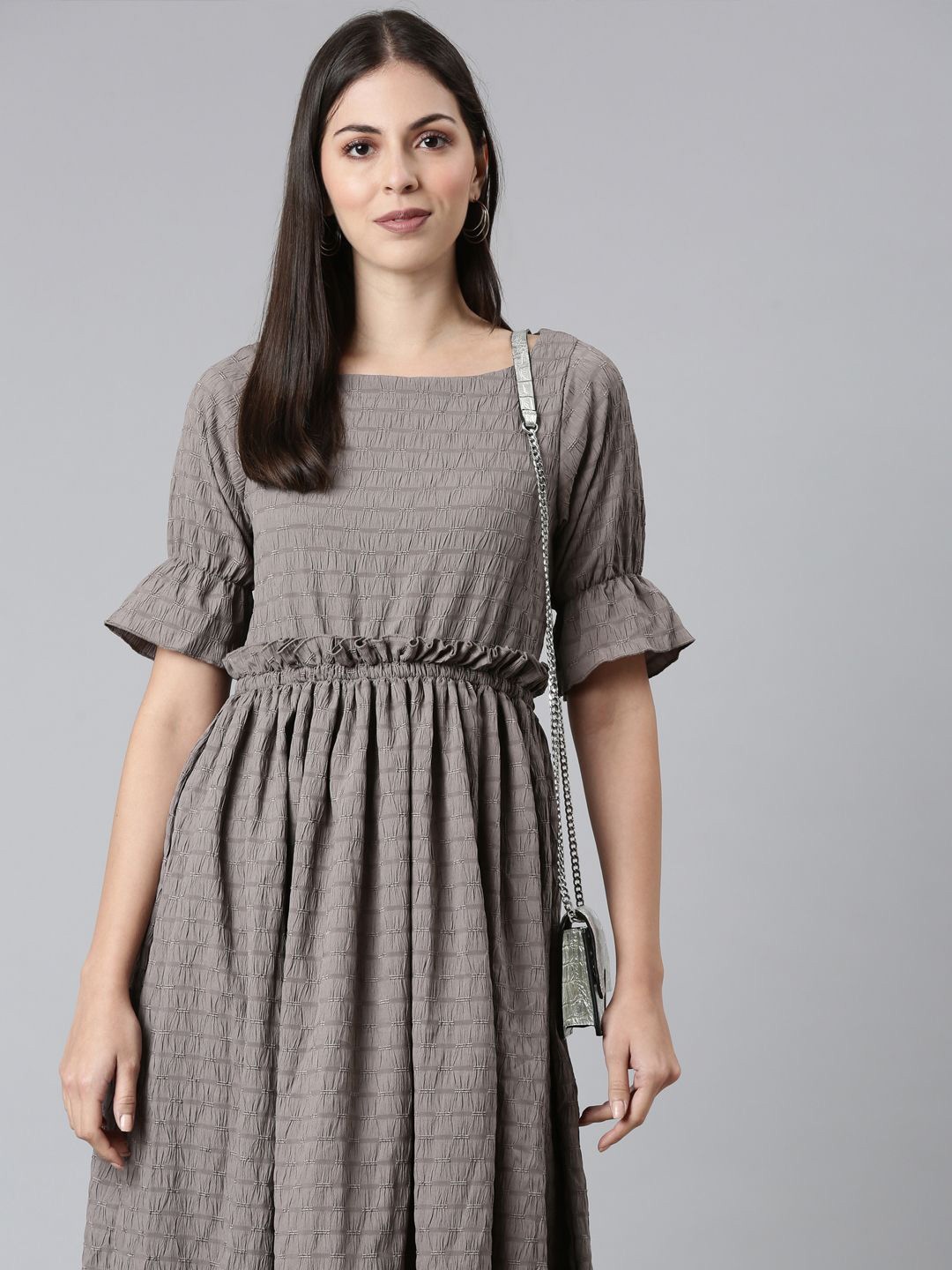 

TWIN BIRDS Women Puff Sleeve Fit & Flare Dress, Grey