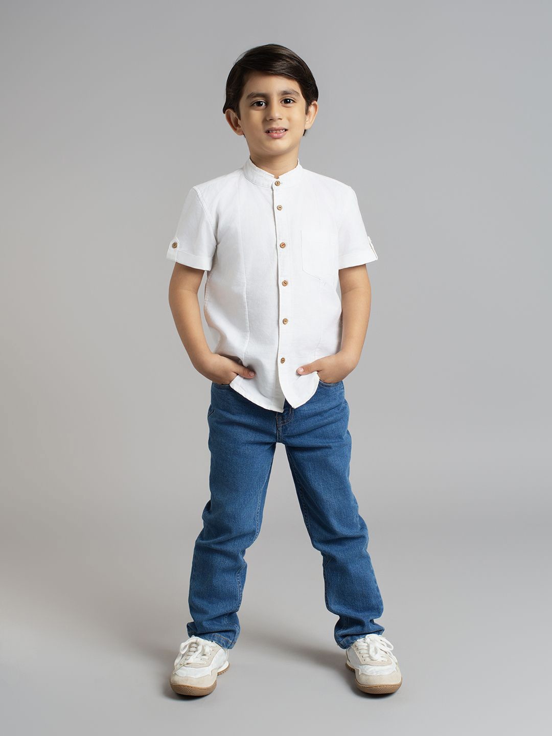 

Ed-a-Mamma Boys Cotton Mandarin Collar Premium Opaque Casual Shirt, White