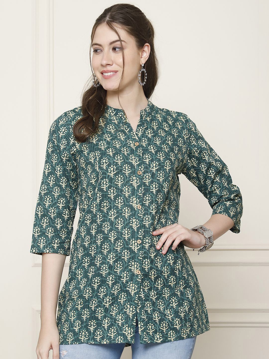 

GRACIT Women Cotton Flower Dot Printed Mandarin Collar Tunic, Green