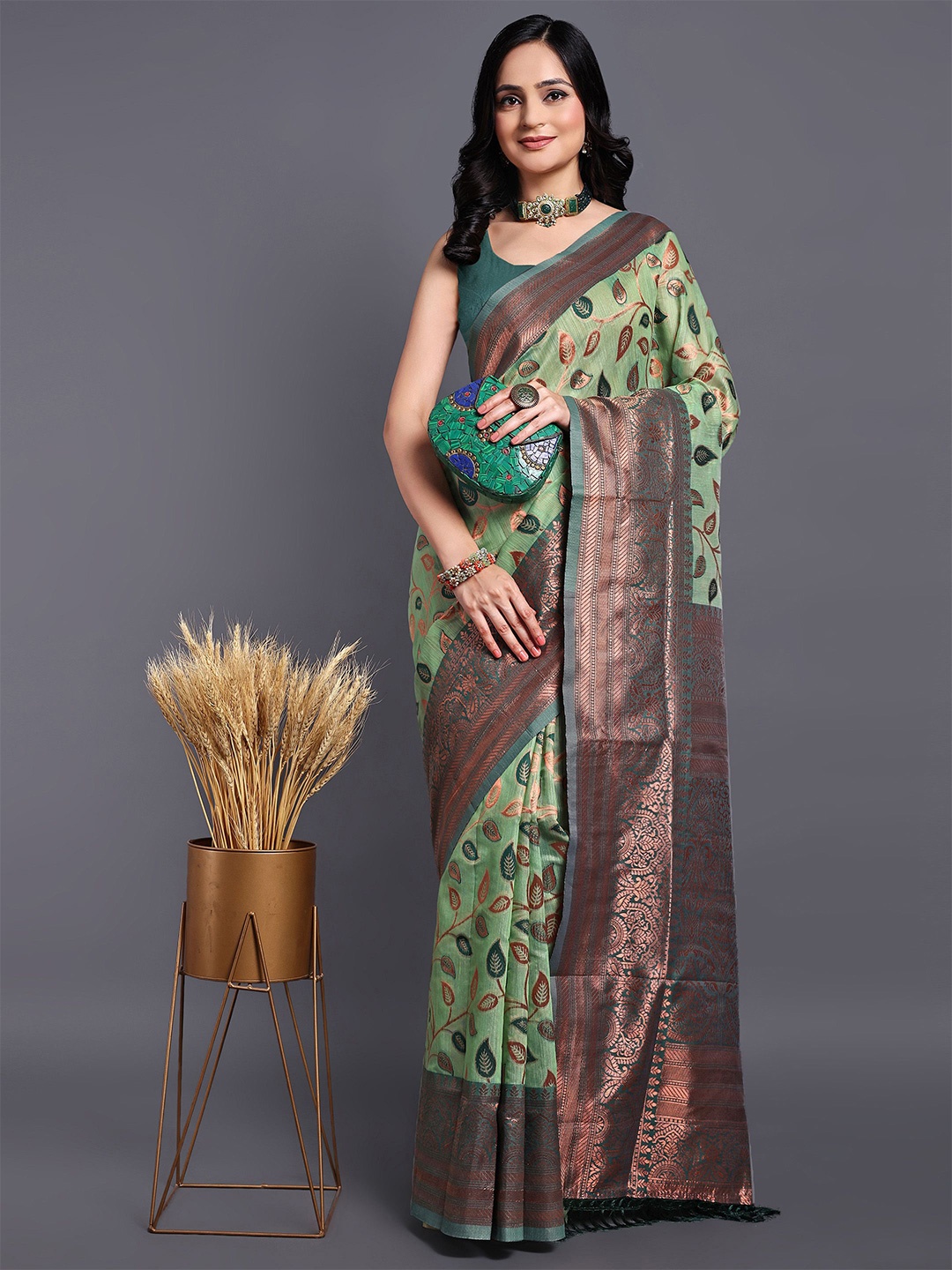 

SWAMI STUDIO Women Zari Pure Cotton Kanjeevaram Saree, Green