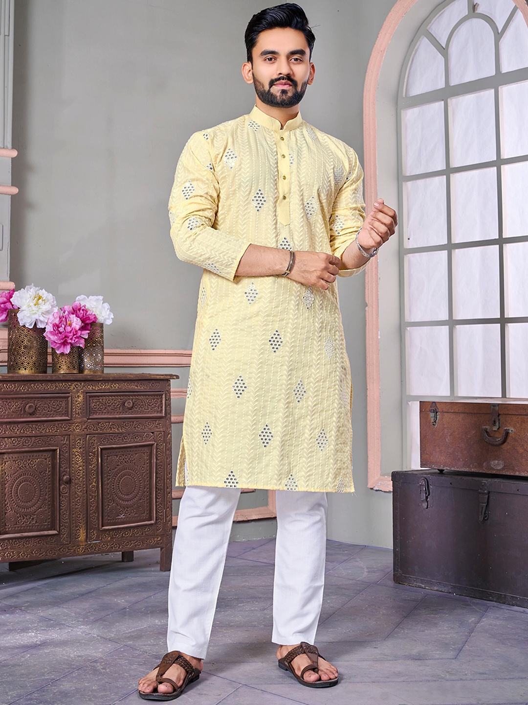 

FoxDX Floral Embroidered Mandarin Collar Mirror Work Pure Cotton Straight Kurta, Yellow