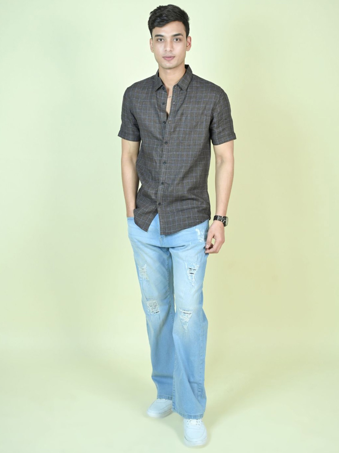 

MARC JOBBS Men Comfort Fit Spread Collar Shepherd Checked Linen Casual Shirt, Coffee brown