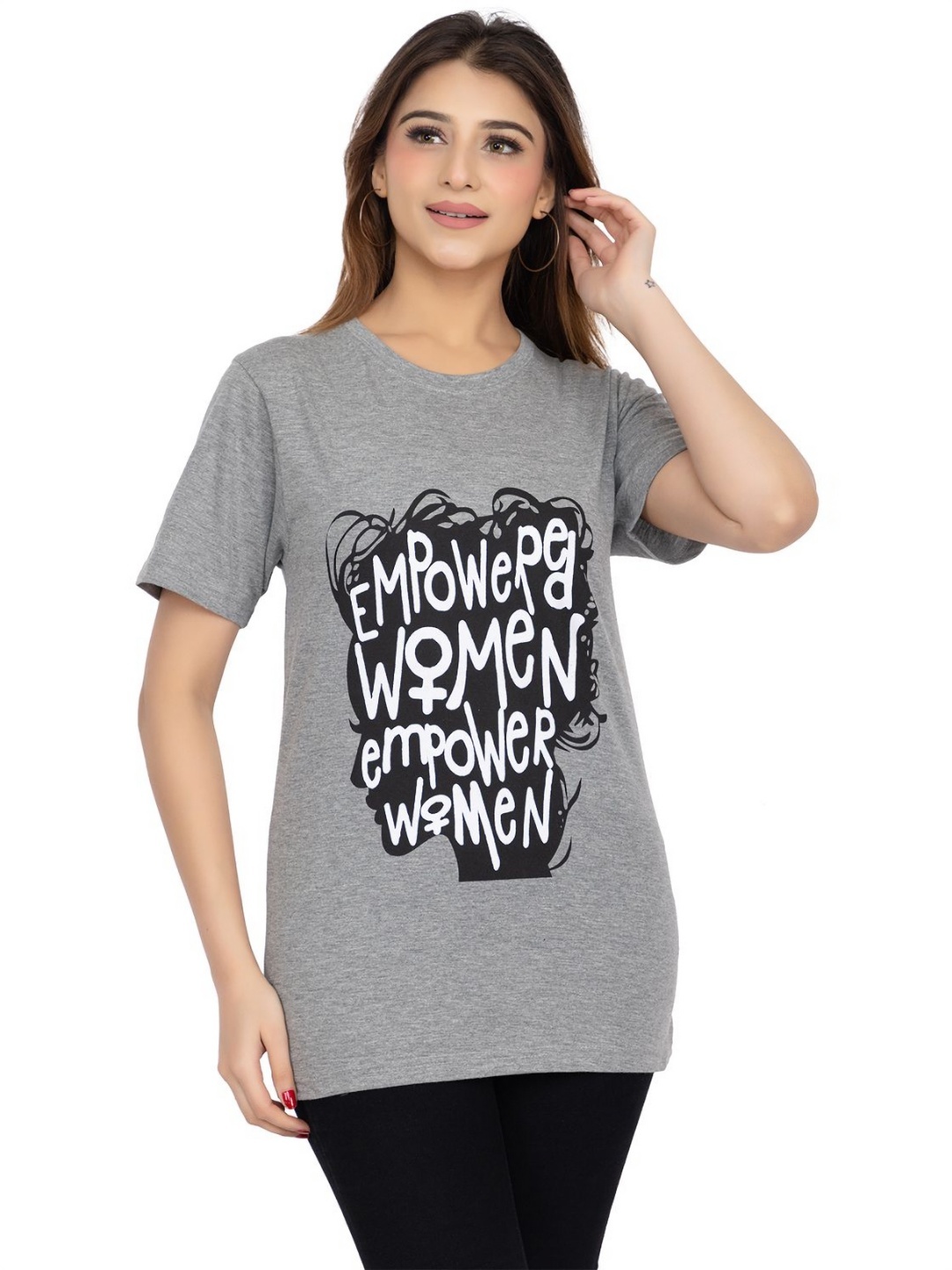 

LEZA Women Typography Printed Round Neck Cotton T-shirt, Grey