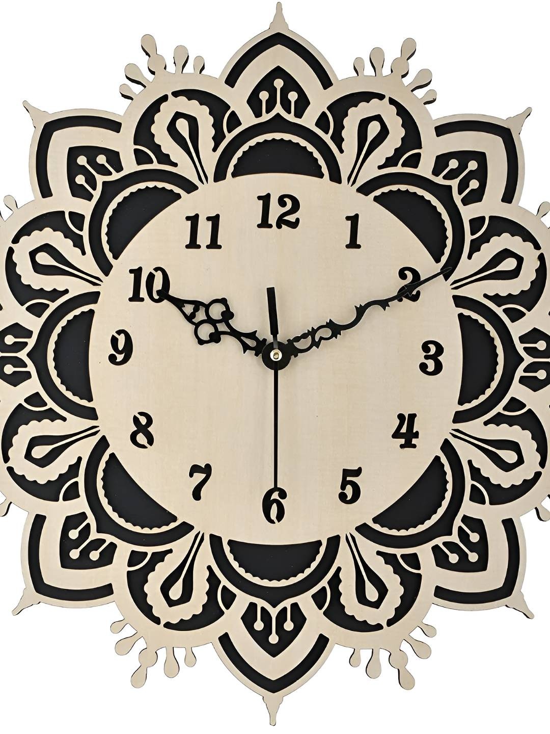 

QEZNEF Beige & Black Printed Floral Analogue Wooden Wall Clock Without Glass