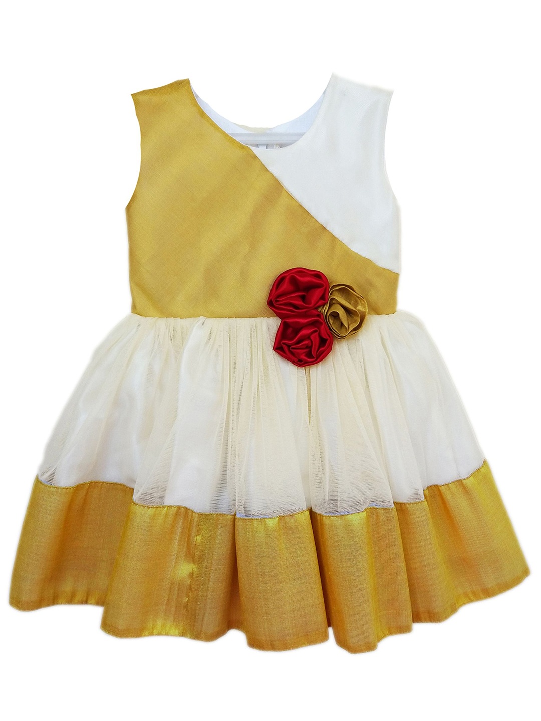 

STANWELLS KIDS Girls Colourblocked Fit & Flare Knee Length Dress, Cream