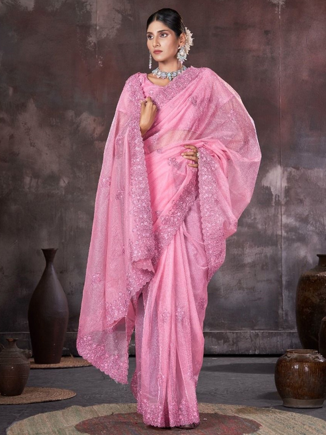 

Kalista Floral Embroidered Organza Saree, Pink