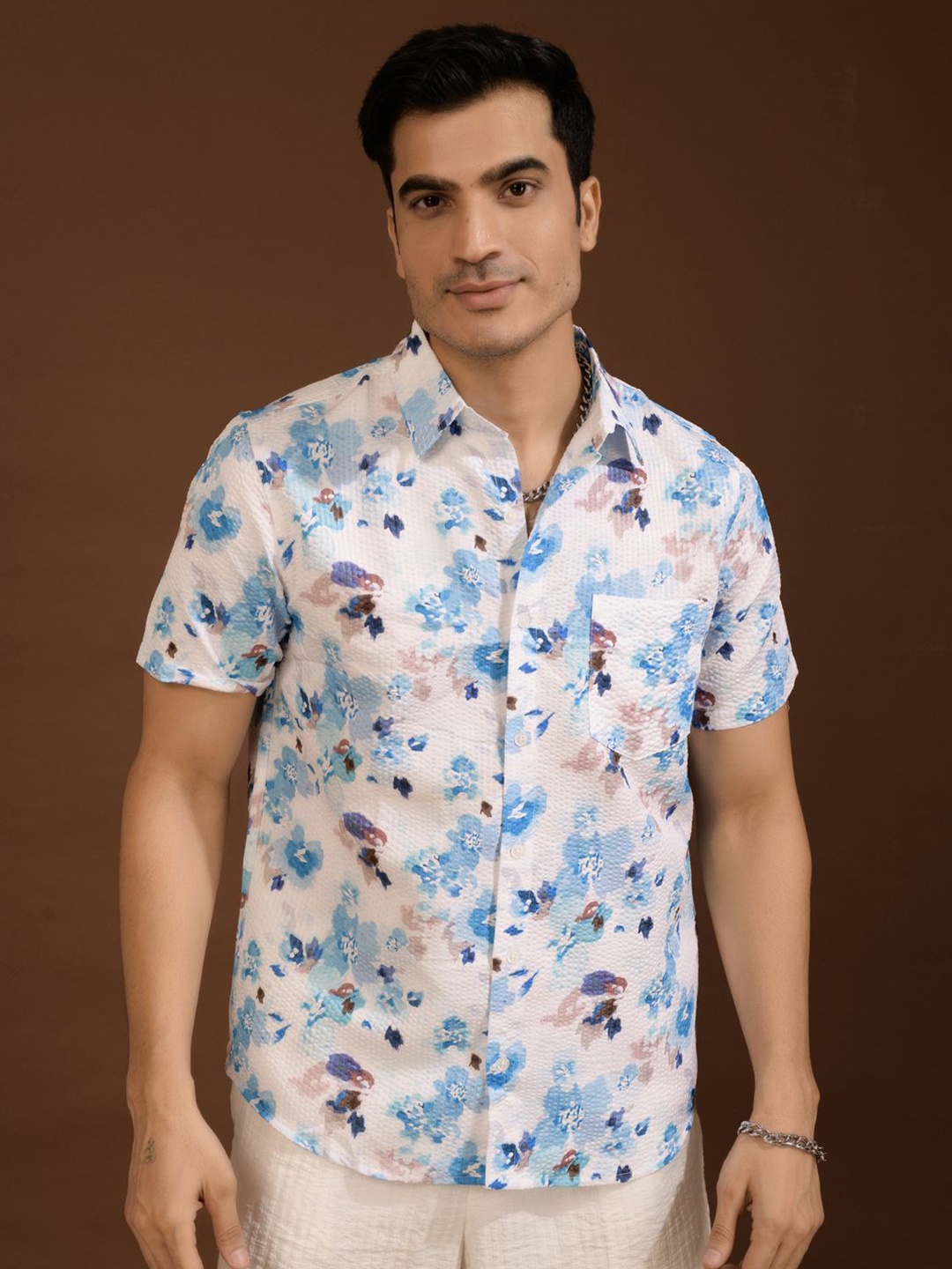 

BAESD Men Standard Spread Collar Floral Printed Polycotton Casual Shirt, Blue