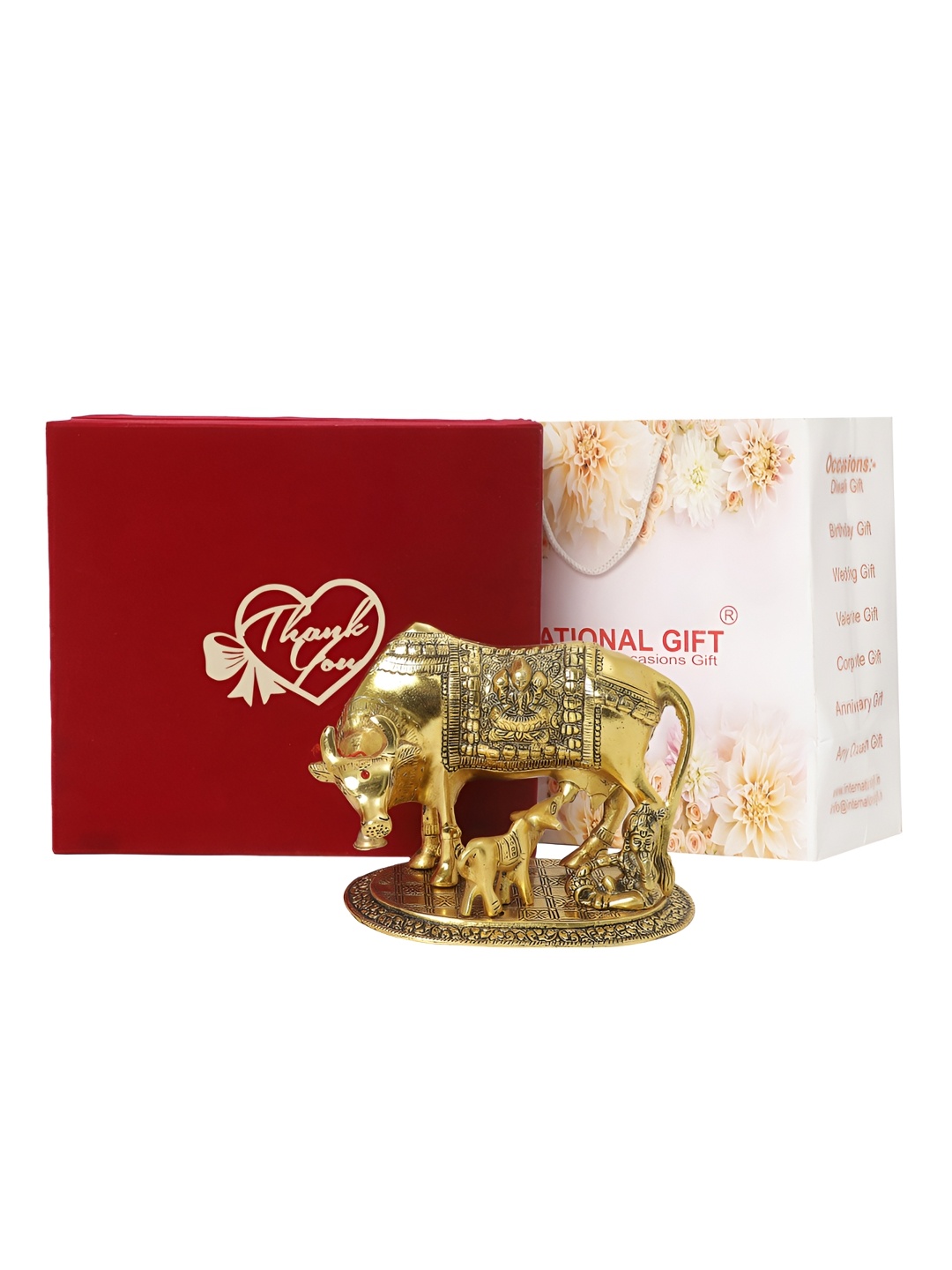

INTERNATIONAL GIFT Gold-Toned Kamdhenu Cow Statue with Thank You Tag & Velvet Box