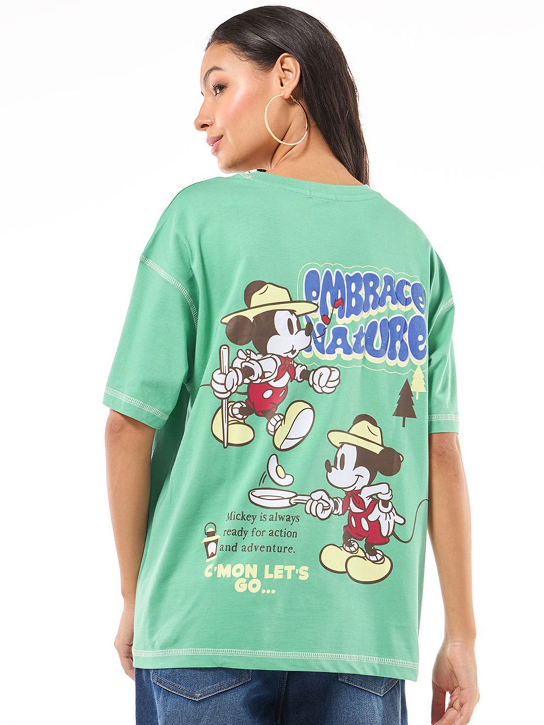 

Bewakoof Women Graphic Printed Round Neck Cotton Oversized T-shirt, Green