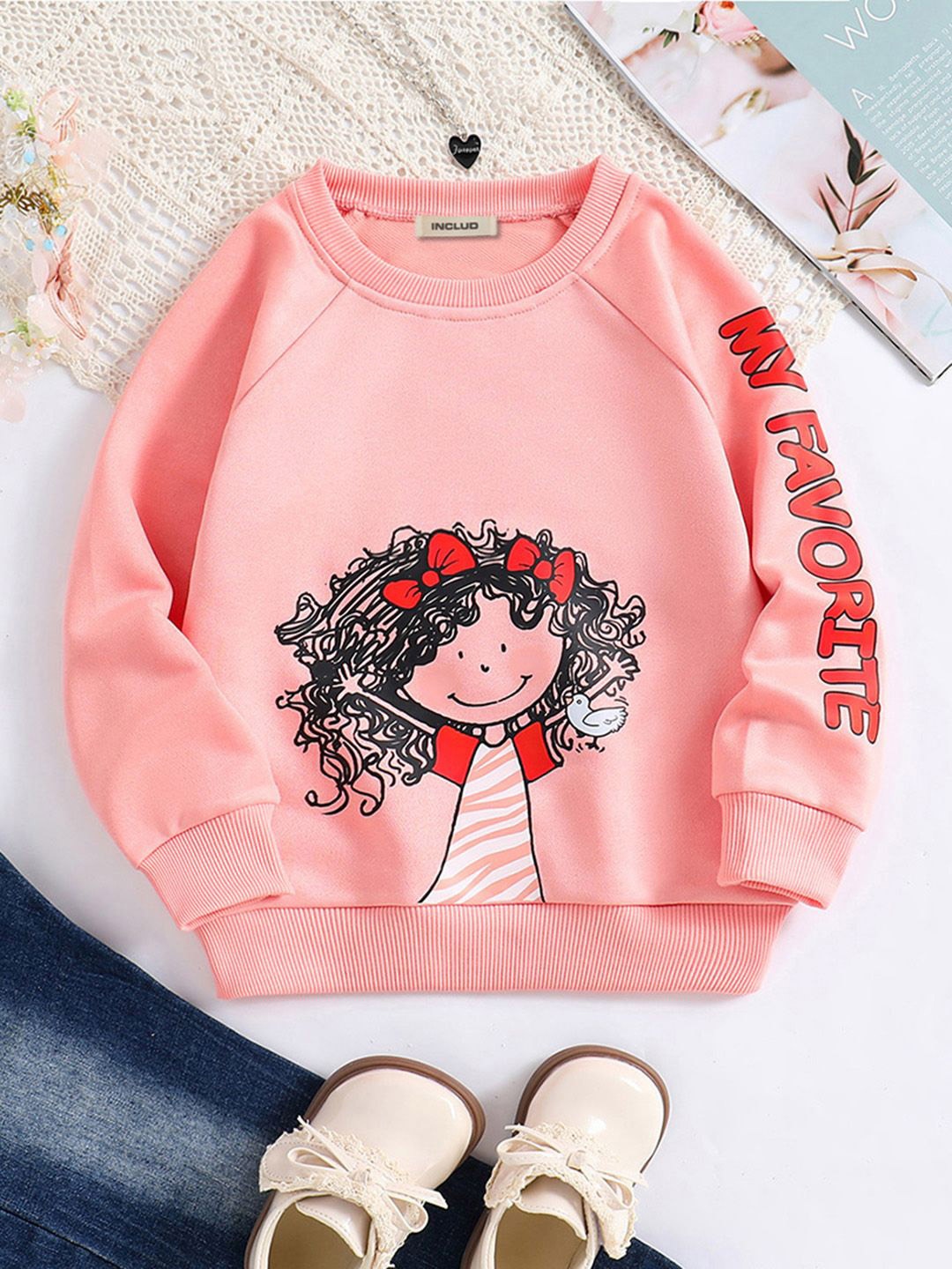 

INCLUD Girls Graphic Printed Round Neck Polyetser Pullover Sweatshirt, Pink