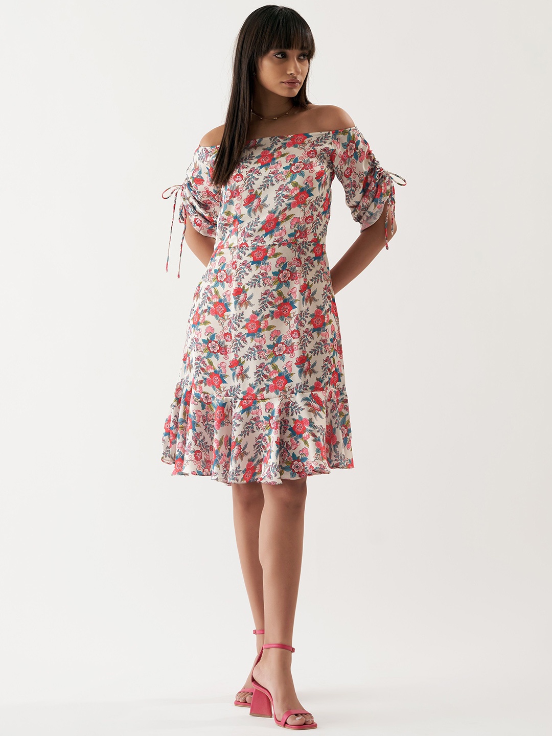 

BOONS n PERKKS Women Floral Print Off-Shoulder A-Line Mini Dress, Rose