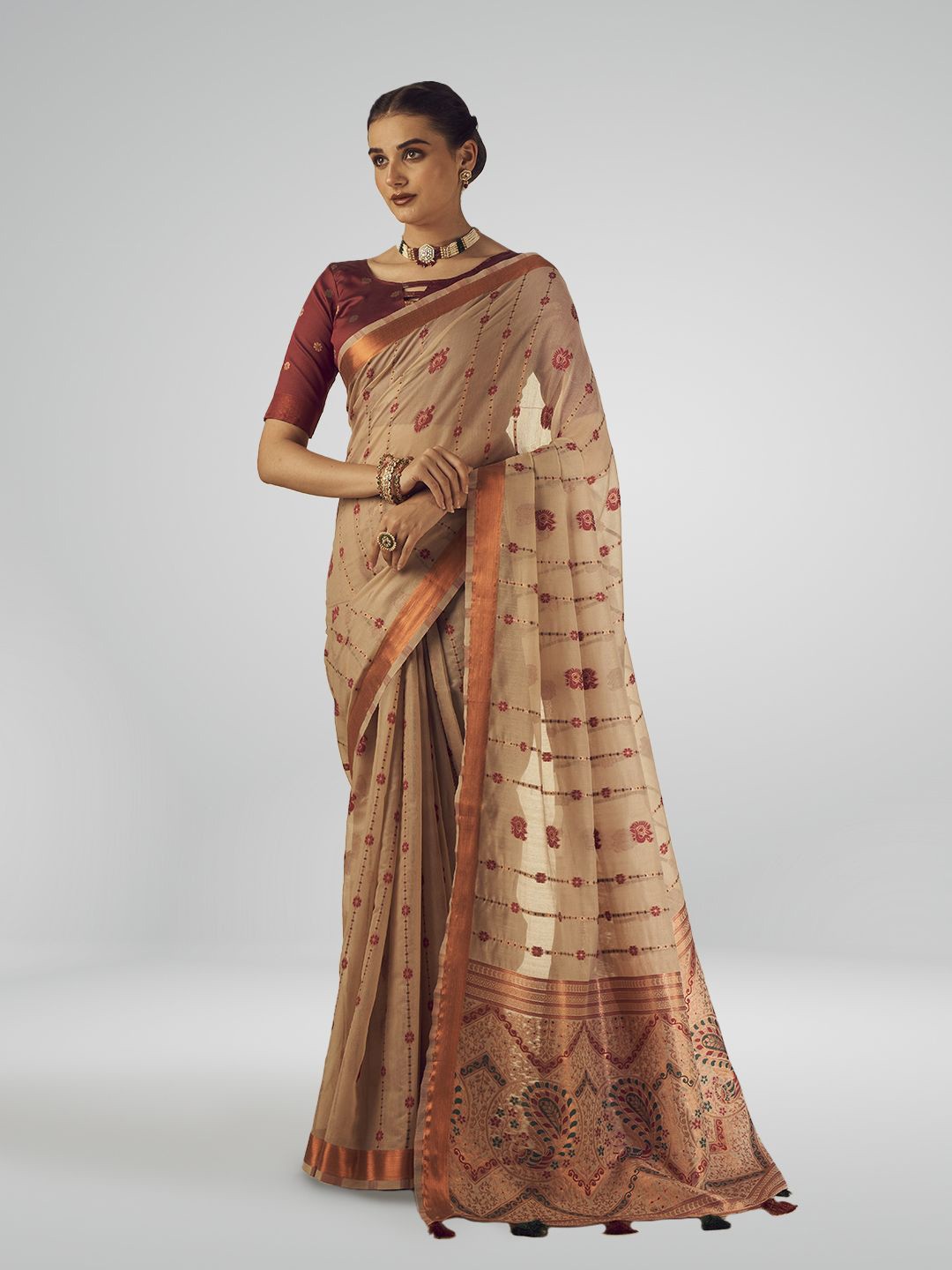 

SARHA Floral Zari Pure Cotton Saree, Brown