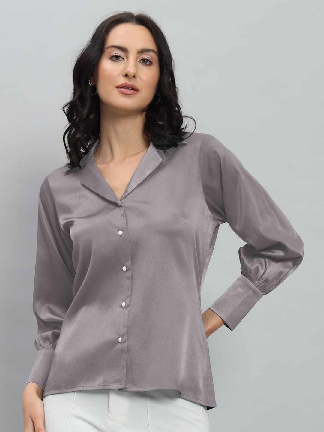 

BAESD Women Standard Fit Cuban Collar Formal Shirt, Purple