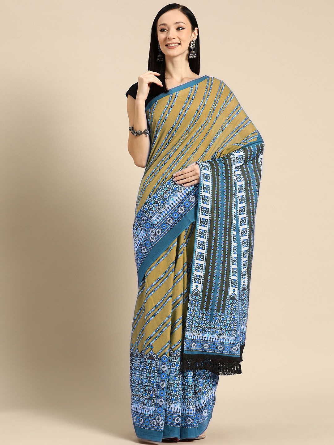 

BUTA BUTI Striped Printed Pure Cotton Women Sarees, Blue