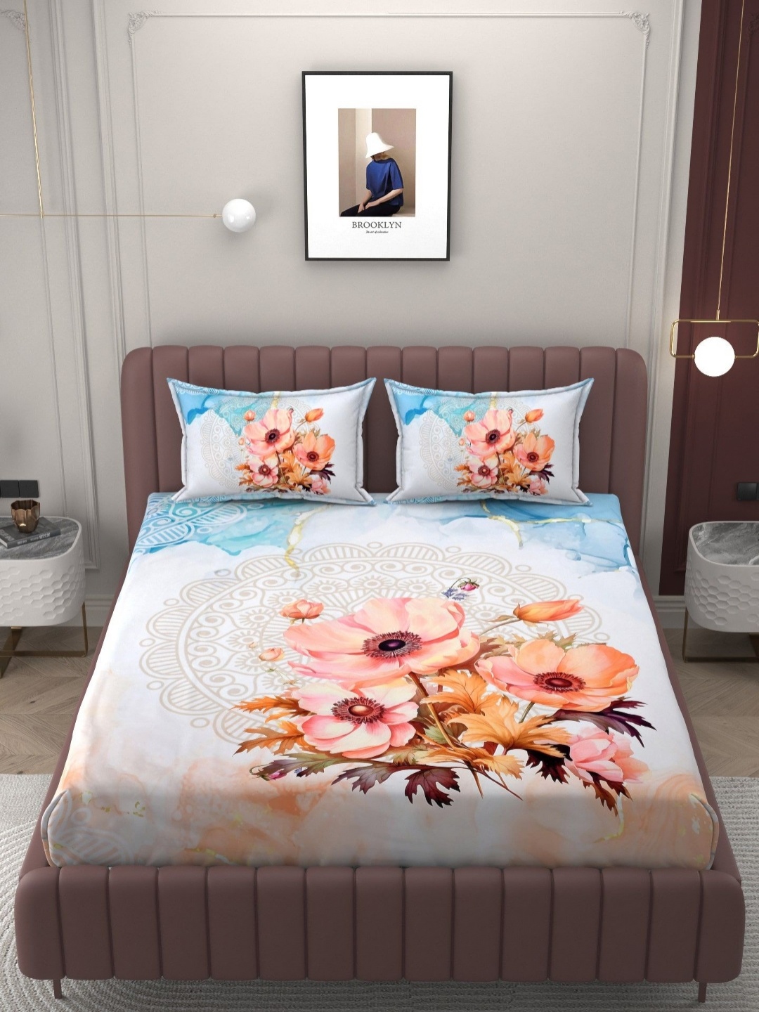 

BELVOSTUM Orange & Blue Floral Cotton 250 TC King Bedsheet with 2 Pillow Covers