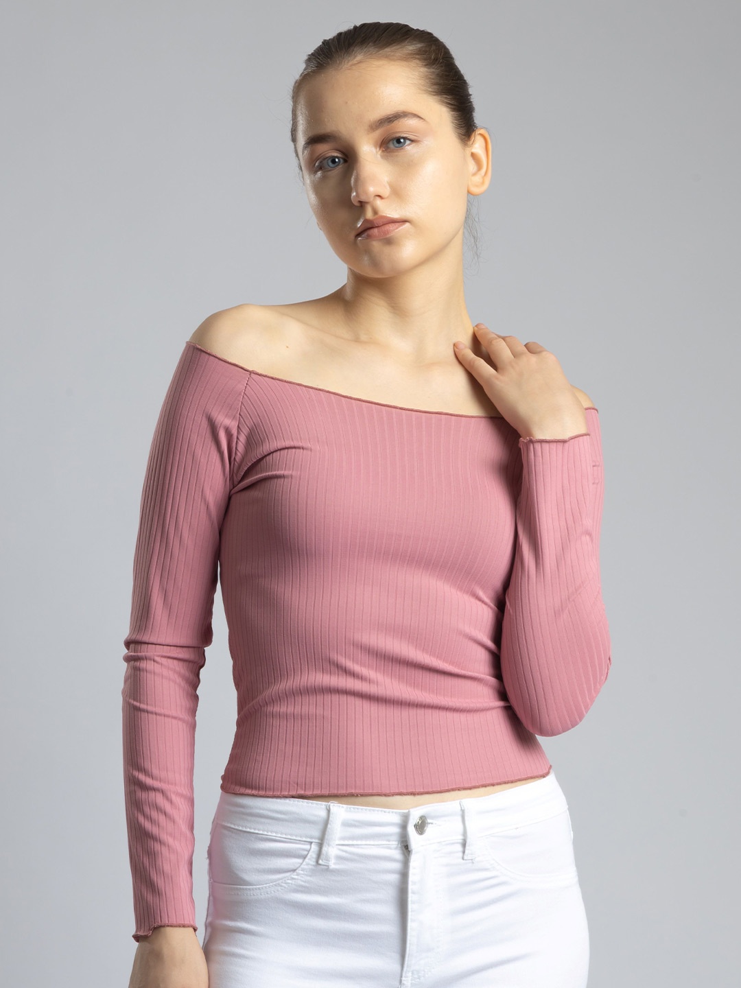 

Redamancii Women Vertical Striped Off-Shoulder Top, Peach