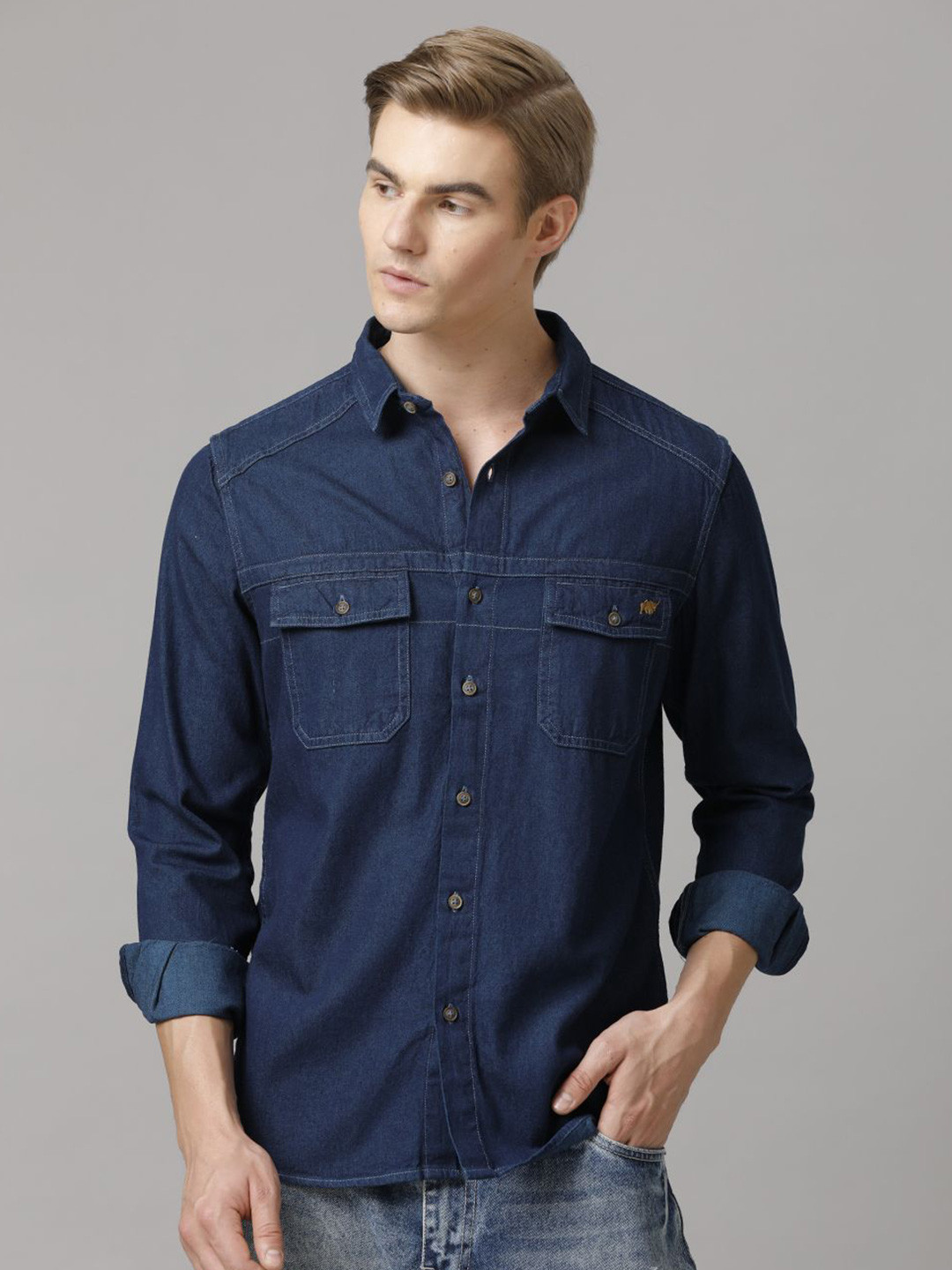 

TEMPLE OF DENIM Men India Slim Spread Collar Solid Denim Casual Shirt, Navy blue