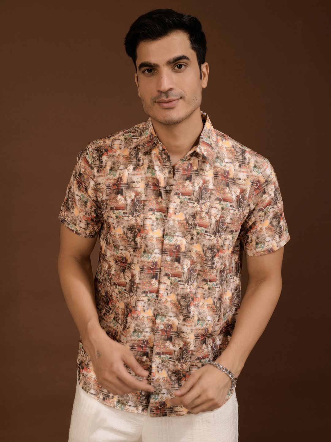 

BAESD Men Standard Spread Collar Abstract Printed Polycotton Casual Shirt, Brown