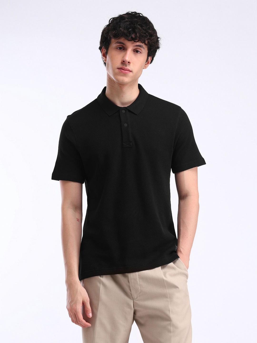 

Flying Machine Men Solid Polo Collar Cotton T-shirt, Black
