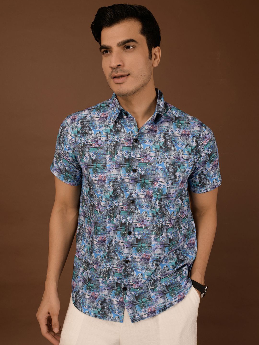 

BAESD Men Standard Spread Collar Abstract Printed Polycotton Casual Shirt, Blue