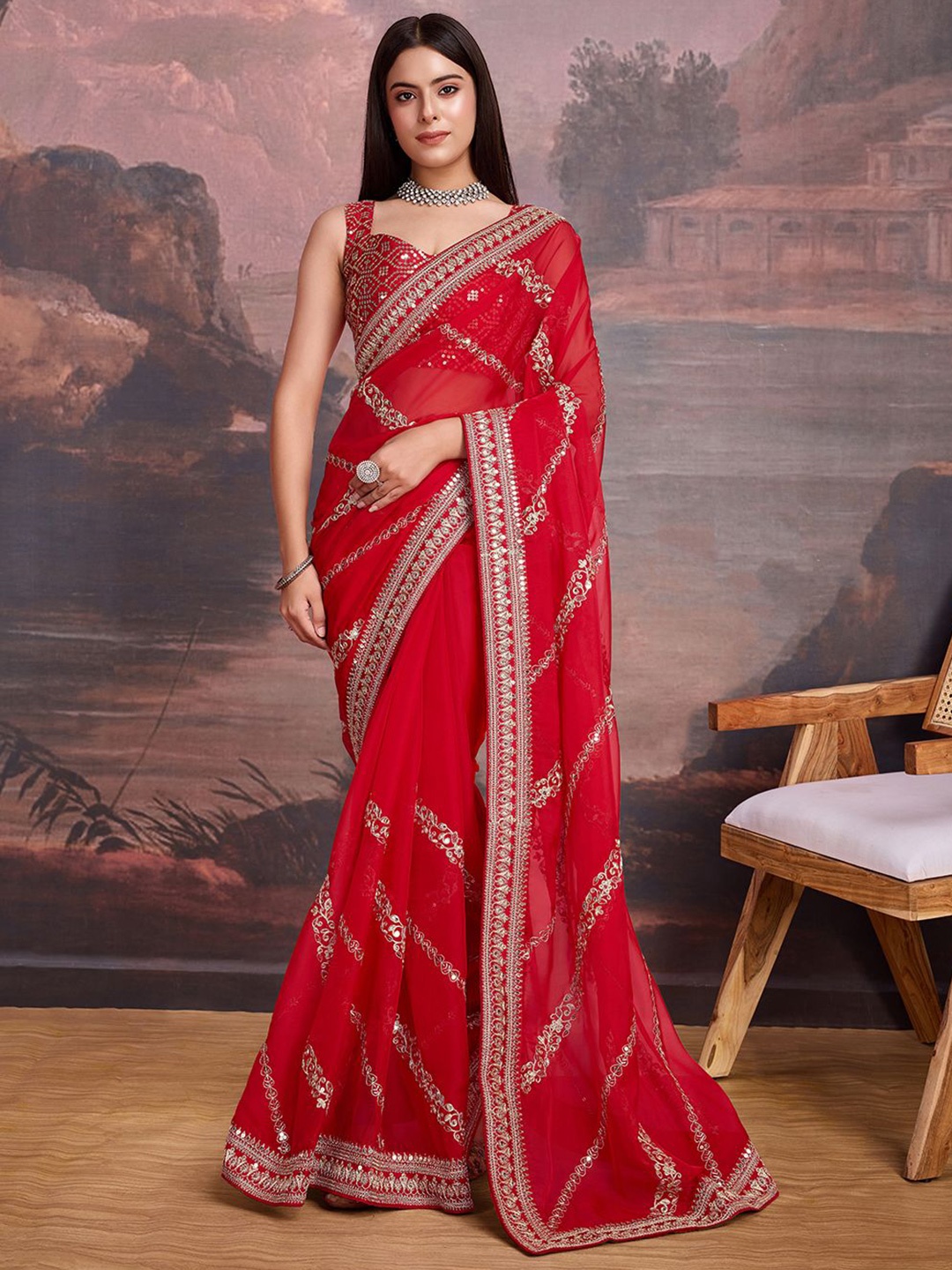 

House of Pataudi Embroidered Leheriya Saree With Blouse, Red