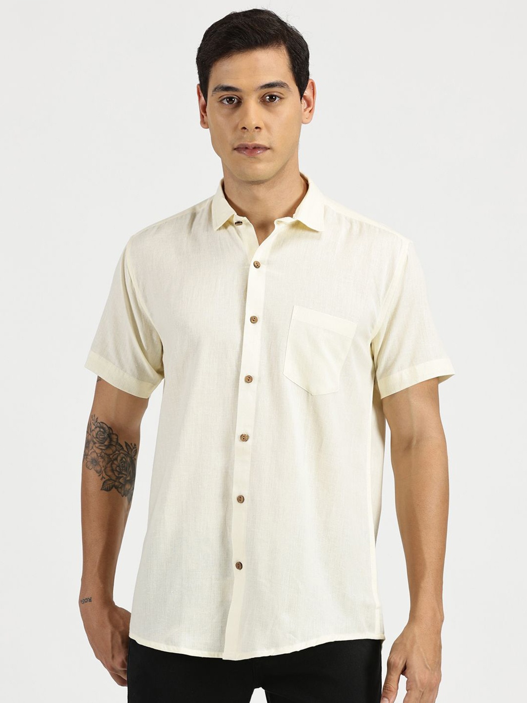 

Patrah Men Spread Collar Solid Cotton Relaxed Fit Casual Shirt, Cream