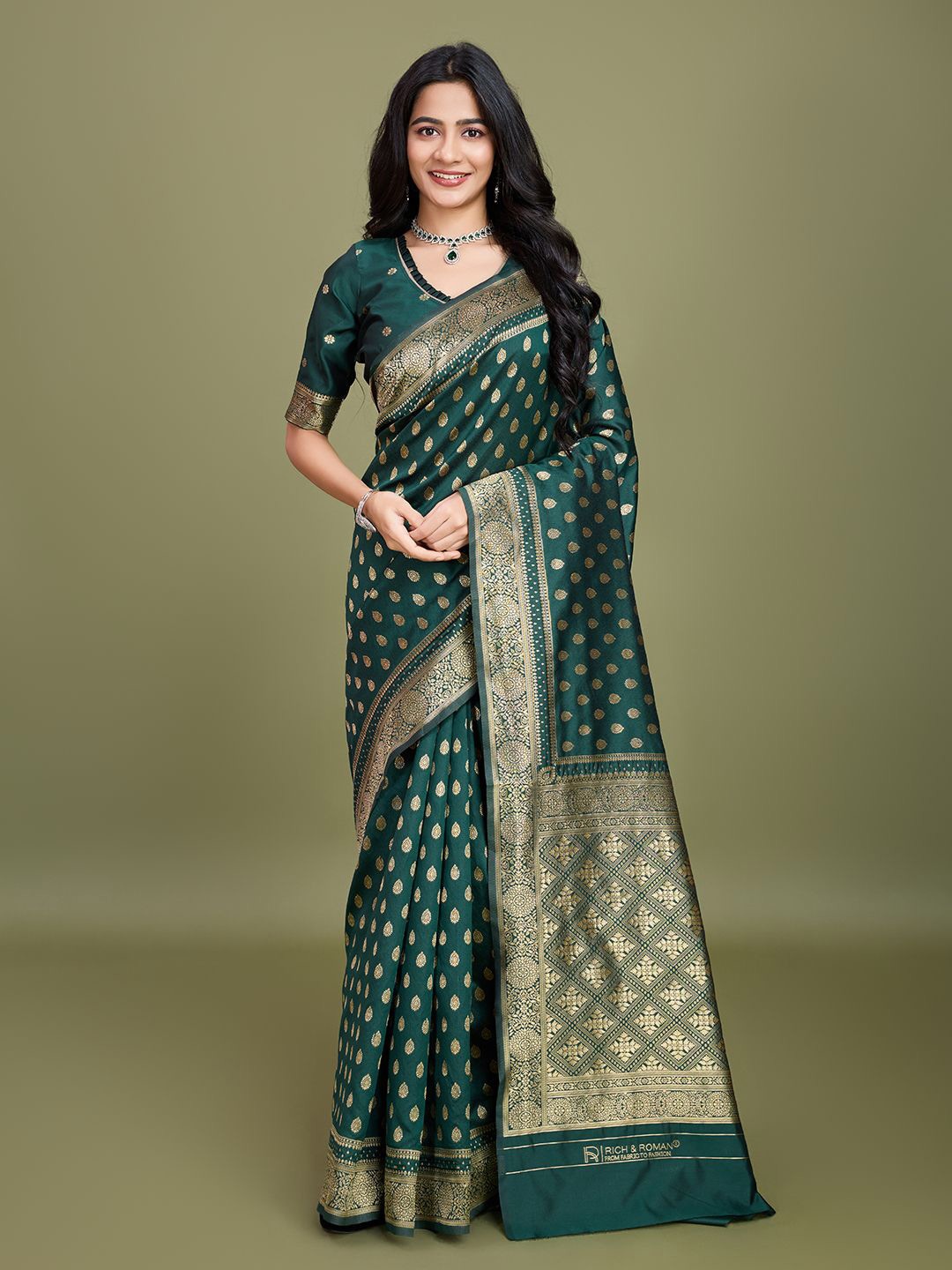 

RICH & ROMAN Woven Design Zari Pure Silk Banarasi Saree, Green