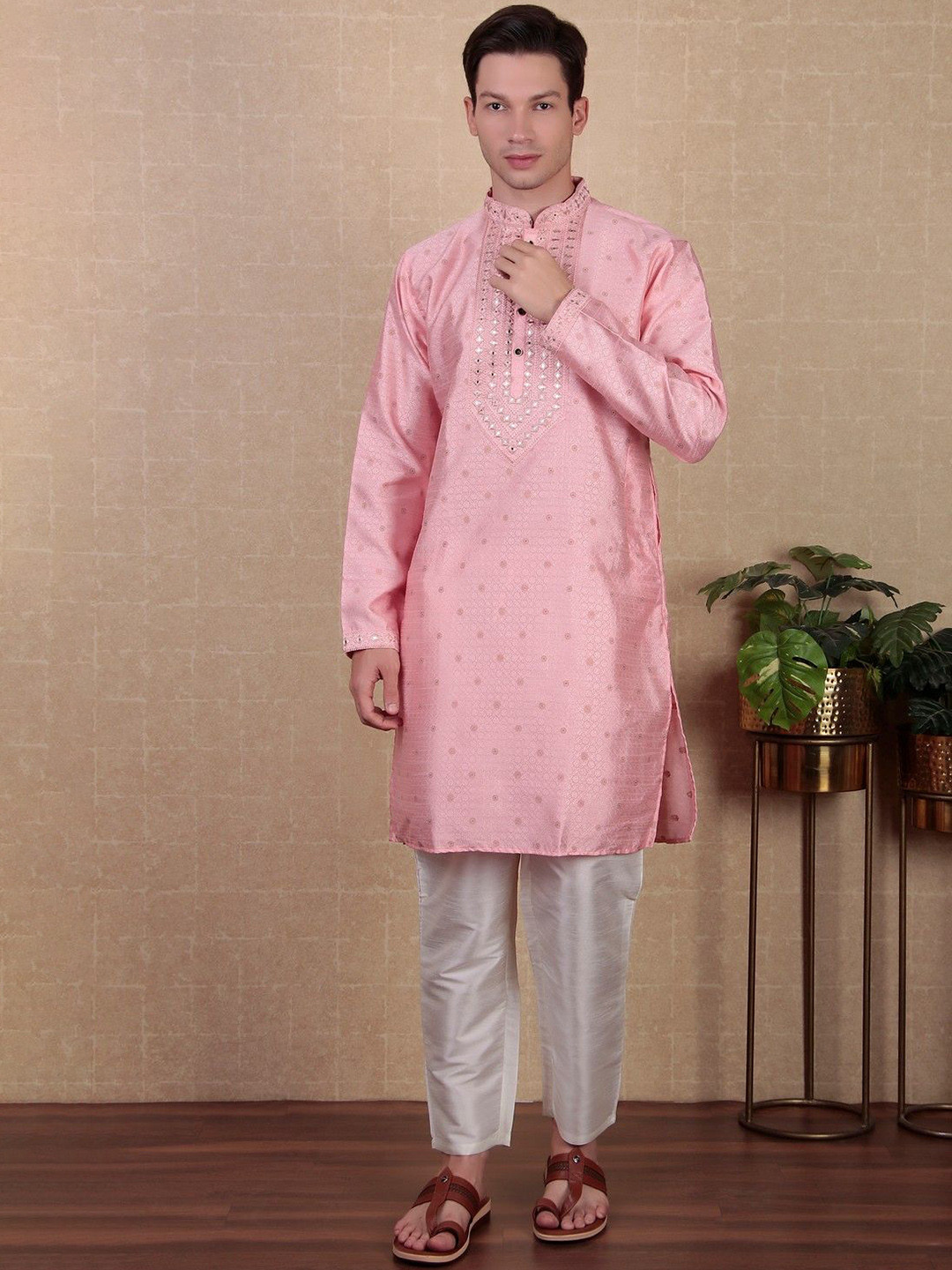 

Koshin Floral Woven Design Long Sleeves Mirror Embroidered Art Silk Straight Kurta, Pink