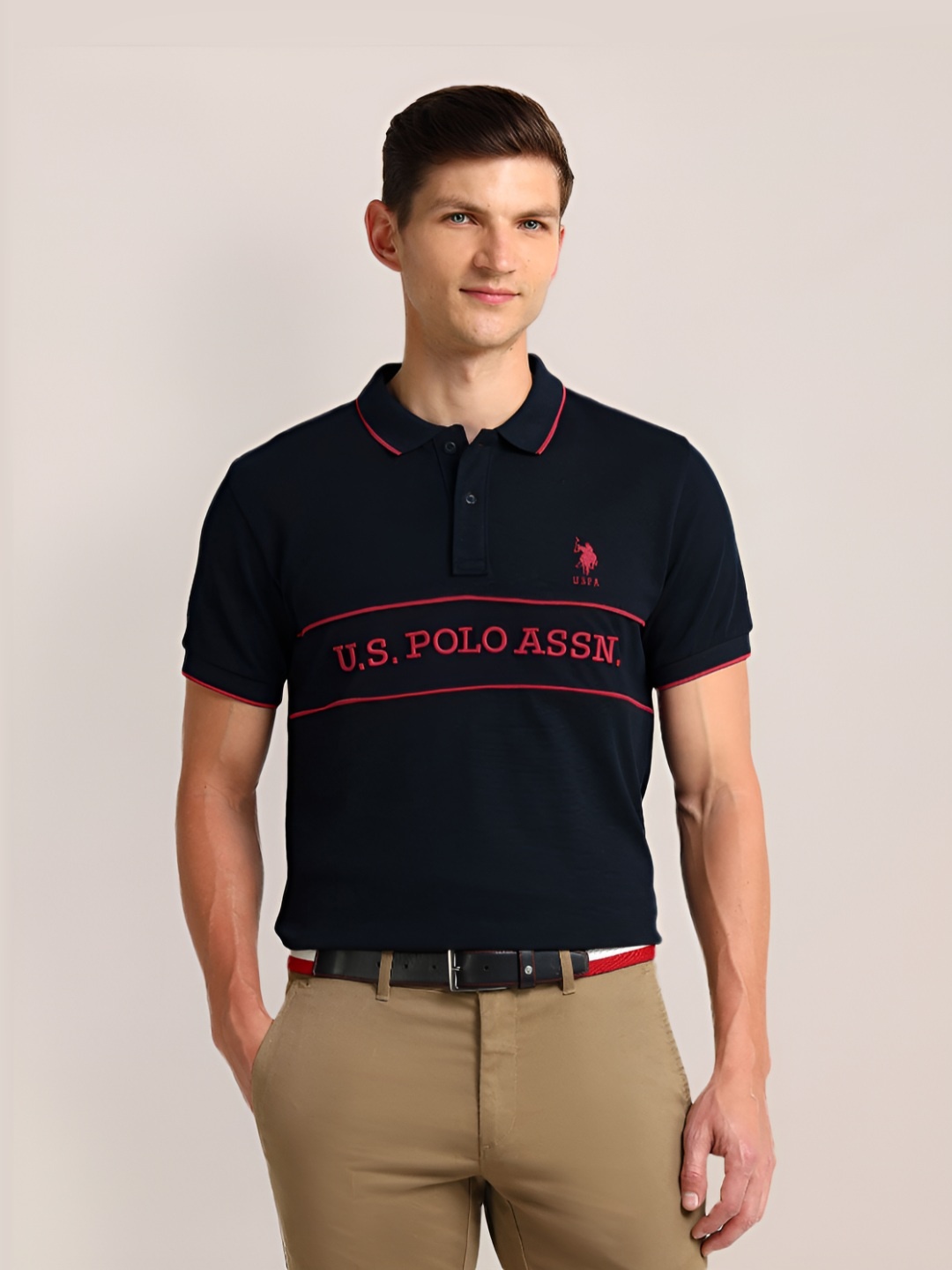 

U.S. Polo Assn. Men Brand Logo Printed Polo Collar Cotton Slim Fit T-shirt, Navy blue