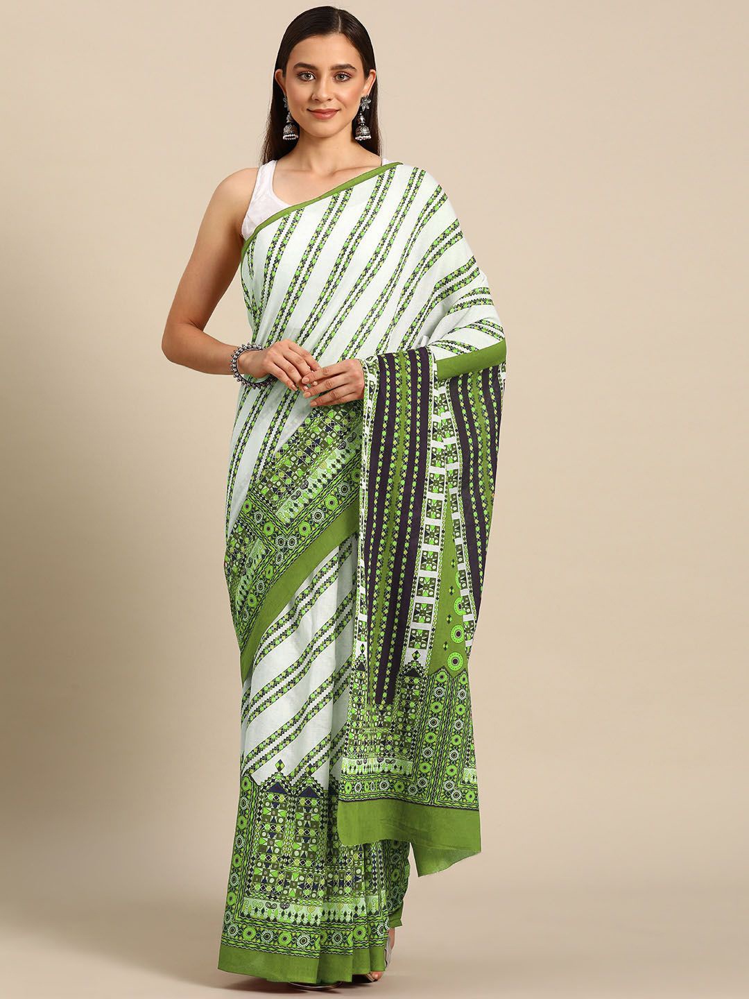 

BUTA BUTI Printed Pure Cotton Saree, Olive