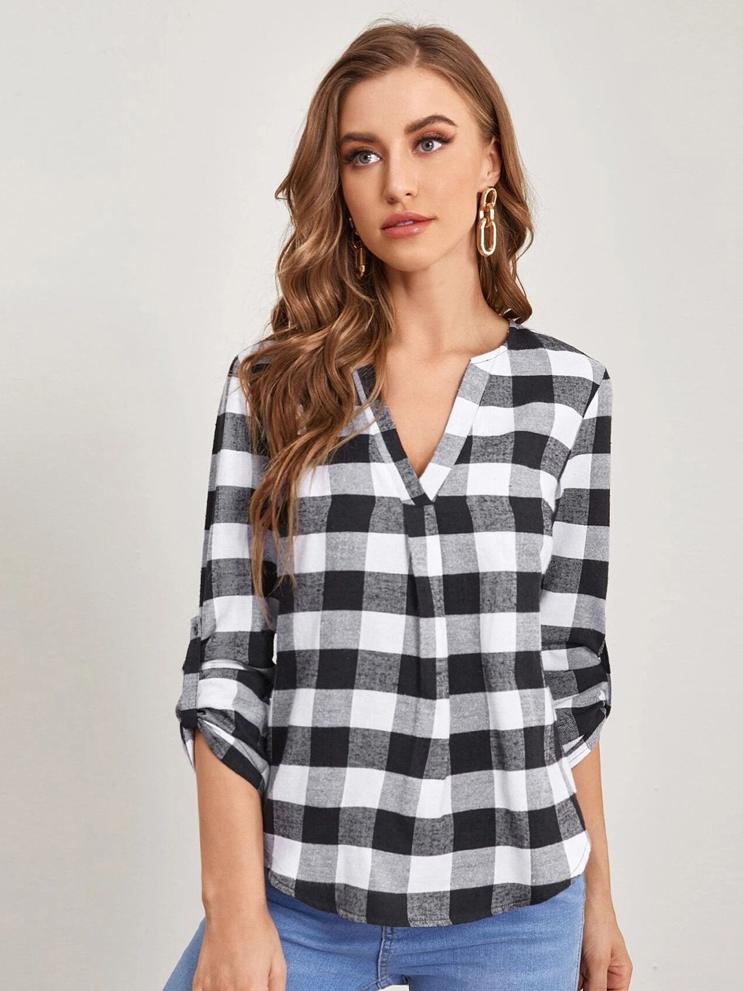 

Stylecast X Slyck Checked V-Neck Top, White