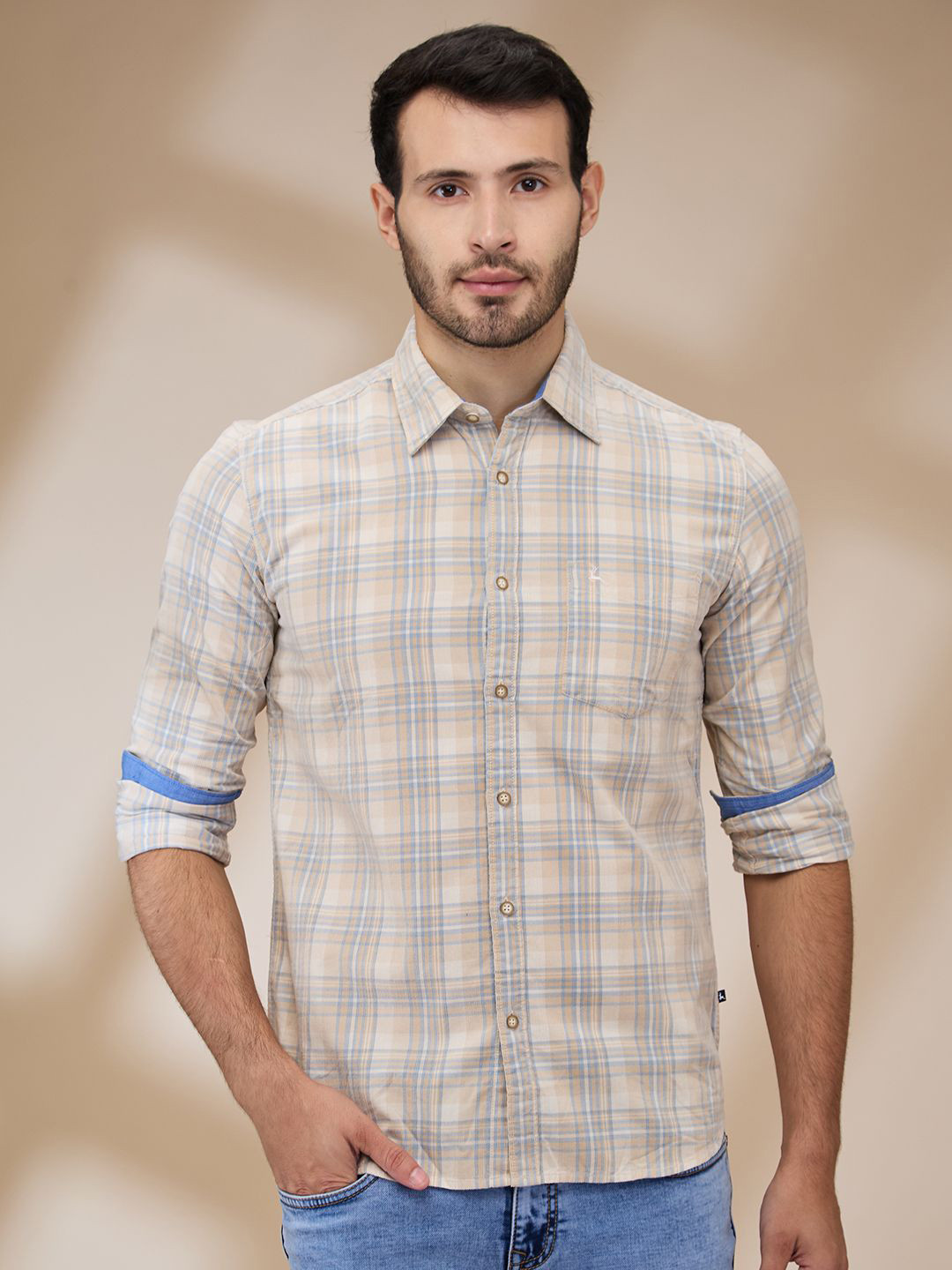 

Parx Men Spread Collar Tartan Checked Cotton Slim Fit Casual Shirt, Brown