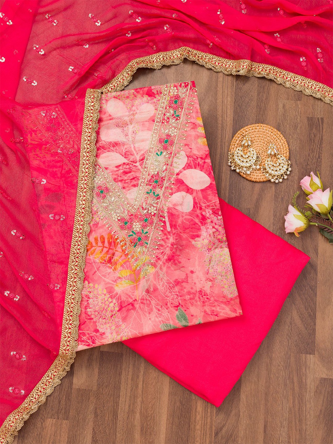 

Koskii Floral Printed Beads and Stones Unstitched Dress Material, Pink