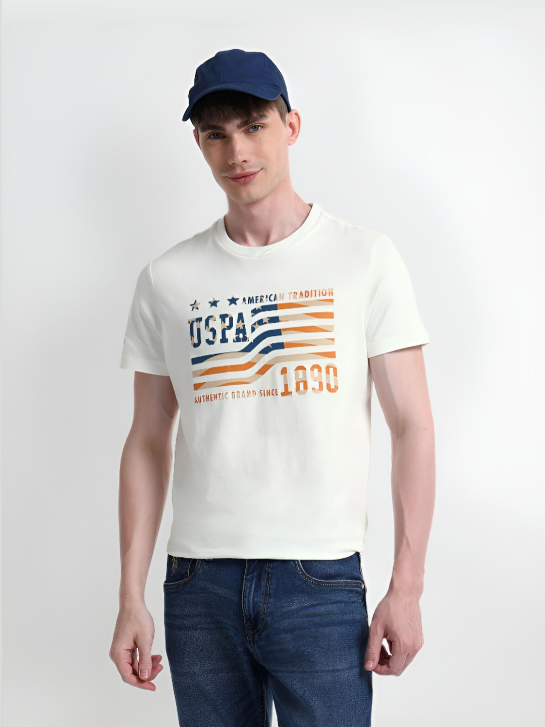 

U.S. Polo Assn. Denim Co. Men Brand Logo Printed Round Neck Cotton Slim Fit T-shirt, White
